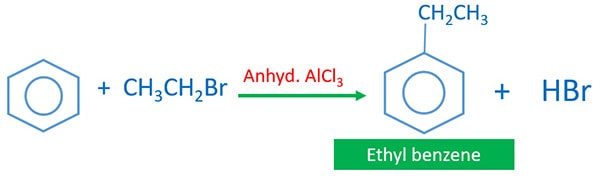 benzene and bromoethane with anhydrous aluminium chloride